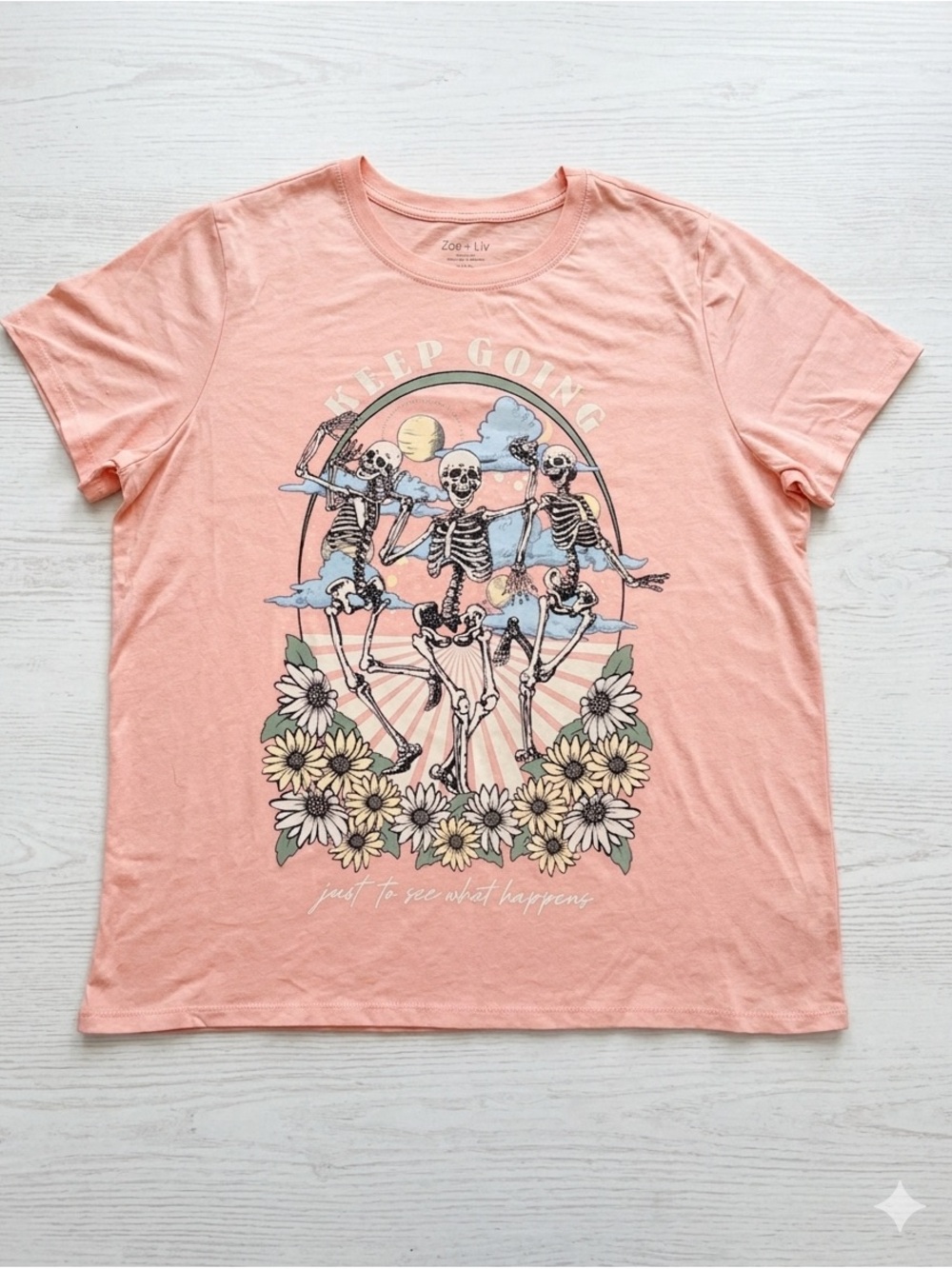 Zoe & Liv Keep Going Dancing Skeletons Graphic Tee Dusty Pink Daisy Large NWT